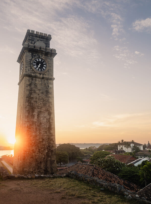 Clock tower in Galle fort at beautiful sunrise. South coast of Sri Lanka.
