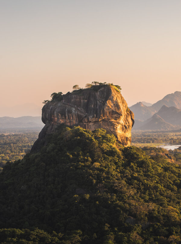 Sigiriya rock also known as Lion Rock at golden light of sunset. Beautiful landscape in Sri lanka.